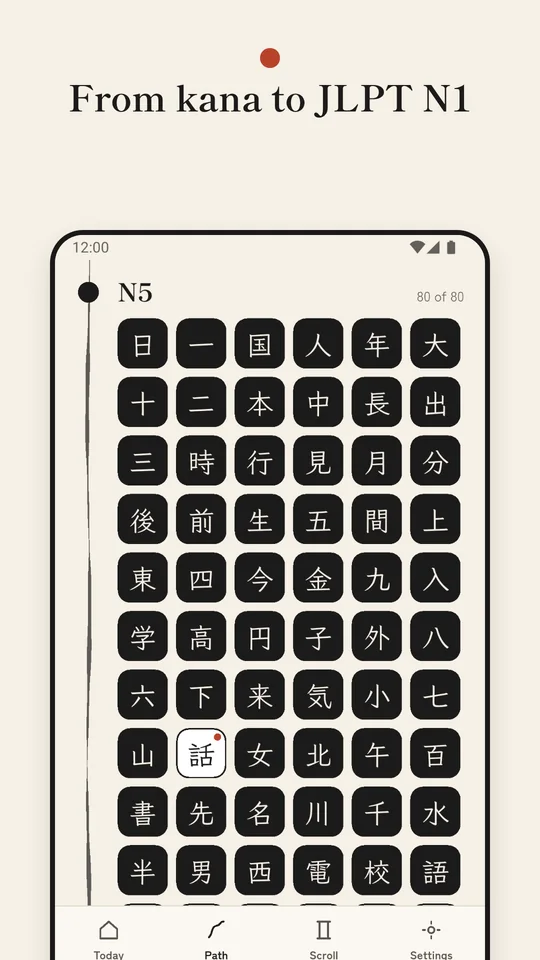 The N5 level on the path, a grid of kanji